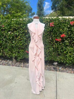 NWOT - Formal Pastel PInk Ruffel Front Chiffon Maxi Dress - Size 6